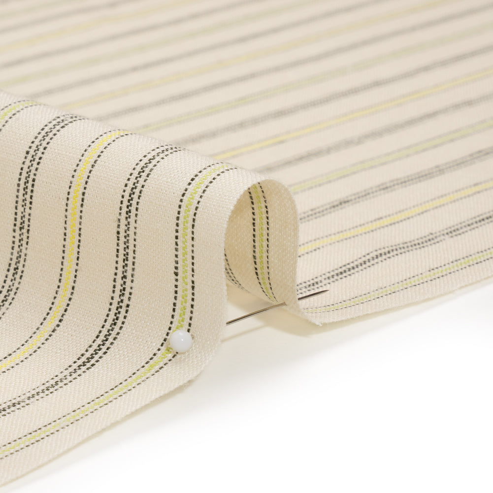 Medium Weight Linen Woven - Cream, Green and Yellow Ticking Stripes Detail Medium Weight Linen Woven - Cream, Green and Yellow Ticking Stripes Detail