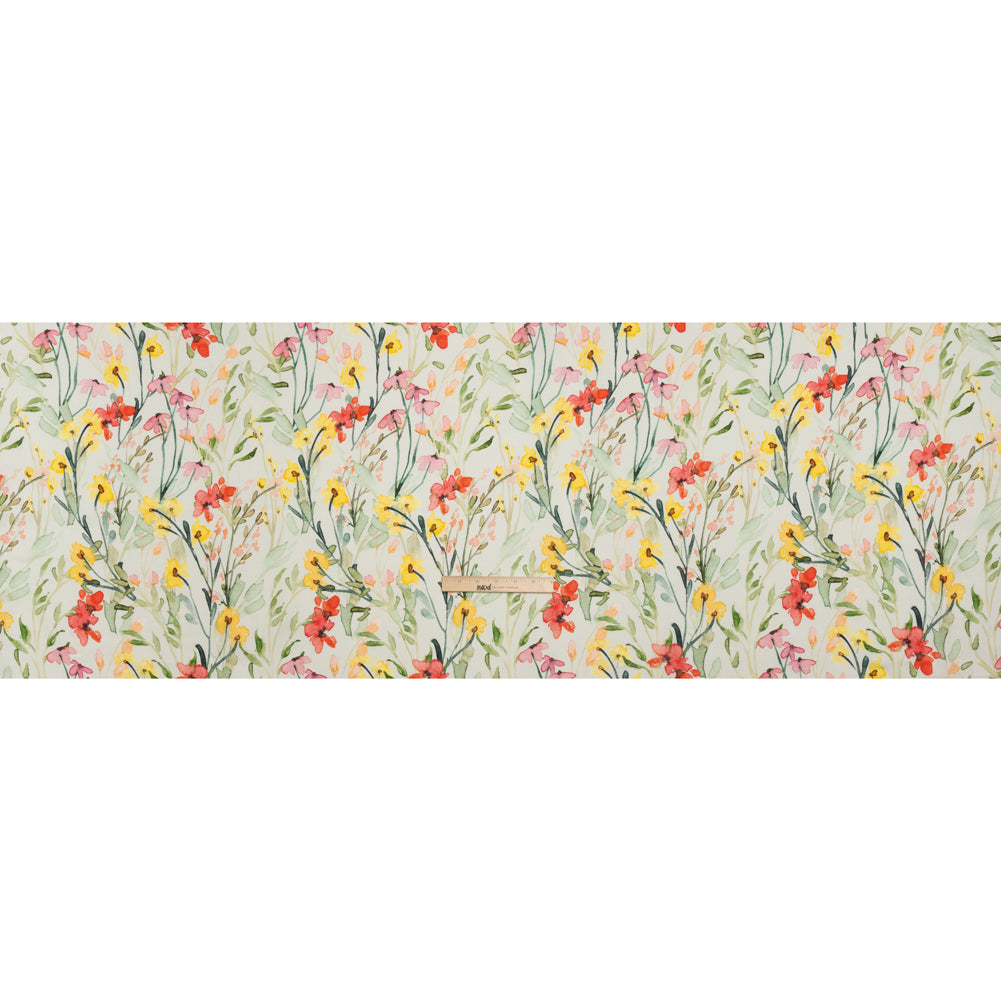 Lightweight Linen Woven - Yellow, Red and Green Watercolor Floral Trails on Ivory Full Lightweight Linen Woven - Yellow, Red and Green Watercolor Floral Trails on Ivory Full