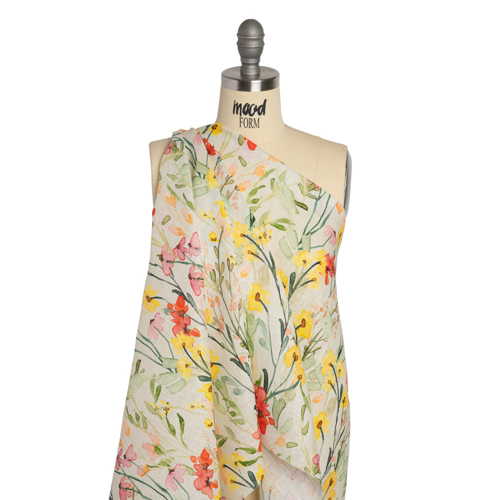 Lightweight Linen Woven - Yellow, Red and Green Watercolor Floral Trails on Ivory Drape Lightweight Linen Woven - Yellow, Red and Green Watercolor Floral Trails on Ivory Drape