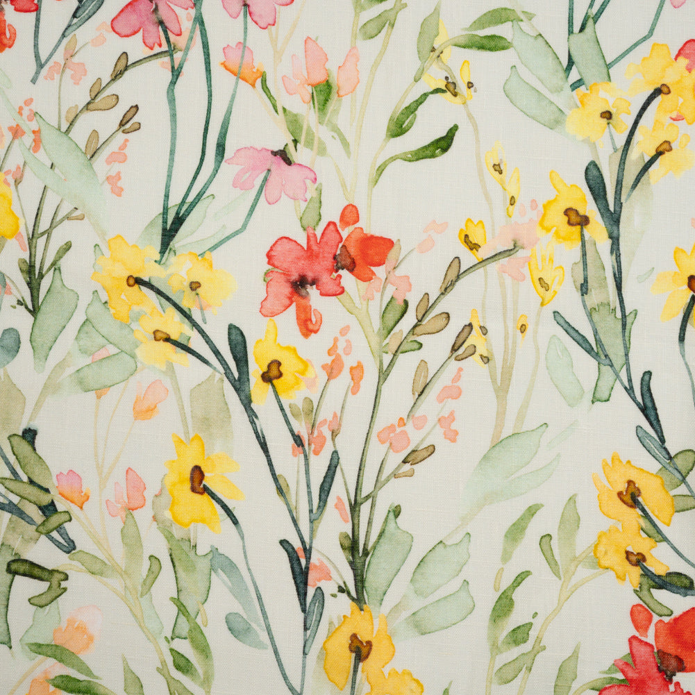 Lightweight Linen Woven - Yellow, Red and Green Watercolor Floral Trails on Ivory Lightweight Linen Woven - Yellow, Red and Green Watercolor Floral Trails on Ivory