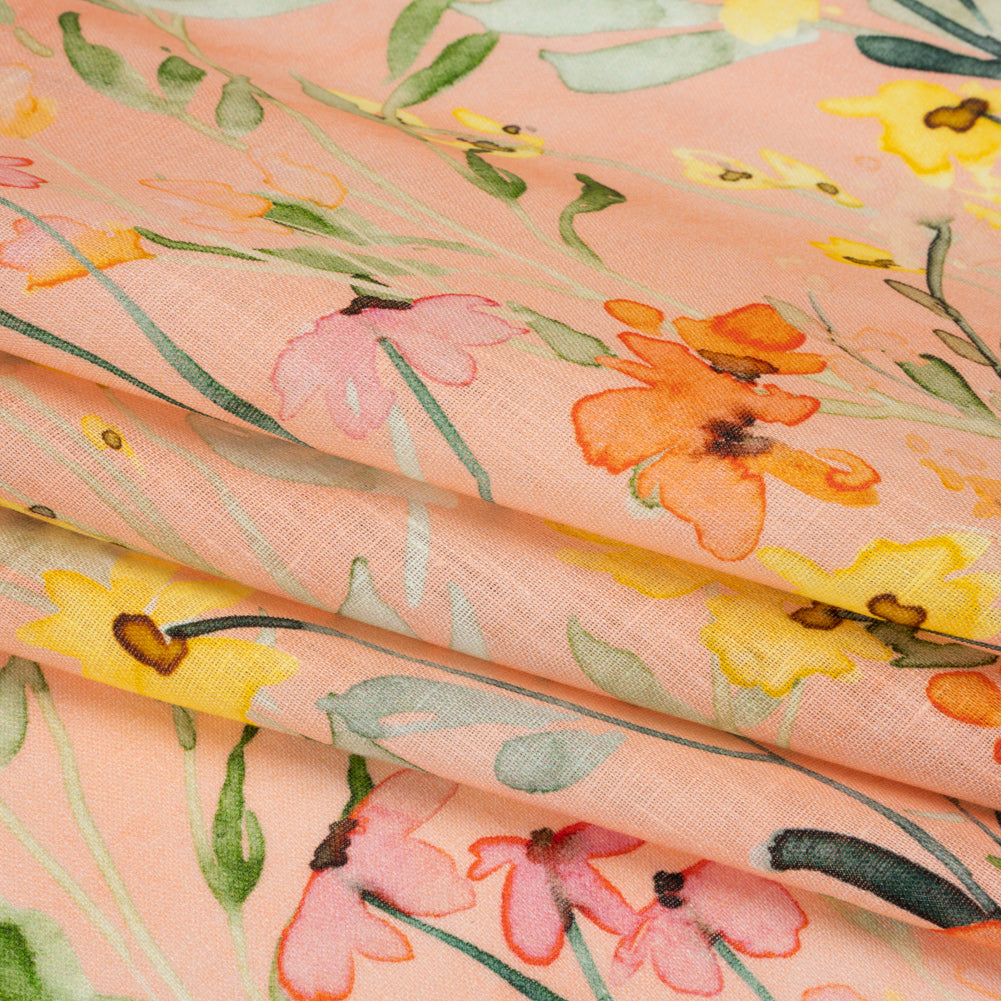 Lightweight Linen Woven - Yellow, Red and Green Watercolor Floral Trails on Blush Pink Folded Lightweight Linen Woven - Yellow, Red and Green Watercolor Floral Trails on Blush Pink Folded