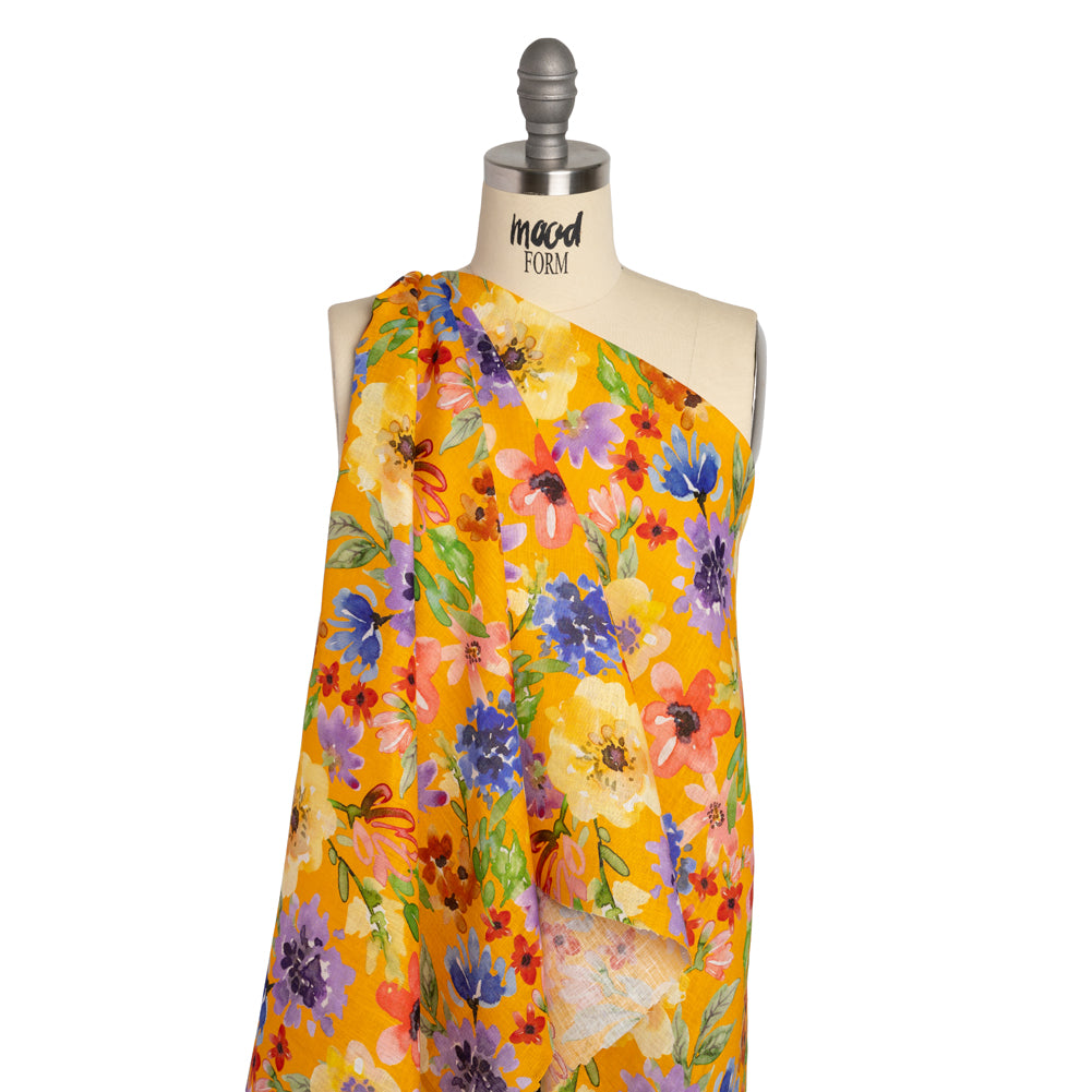 Lightweight Linen Woven - Purple, Yellow and Green Petal Drift Florals on Saffron Yellow Drape Lightweight Linen Woven - Purple, Yellow and Green Petal Drift Florals on Saffron Yellow Drape