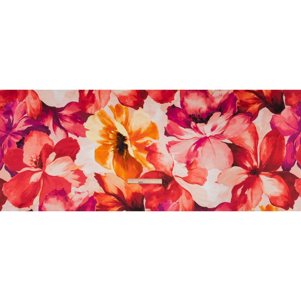 Silk Charmeuse Print 16MM, Made in Italy - Red, Pink and Fuchsia Purple Painterly Flowers - Full Silk Charmeuse Print 16MM, Made in Italy - Red, Pink and Fuchsia Purple Painterly Flowers - Full