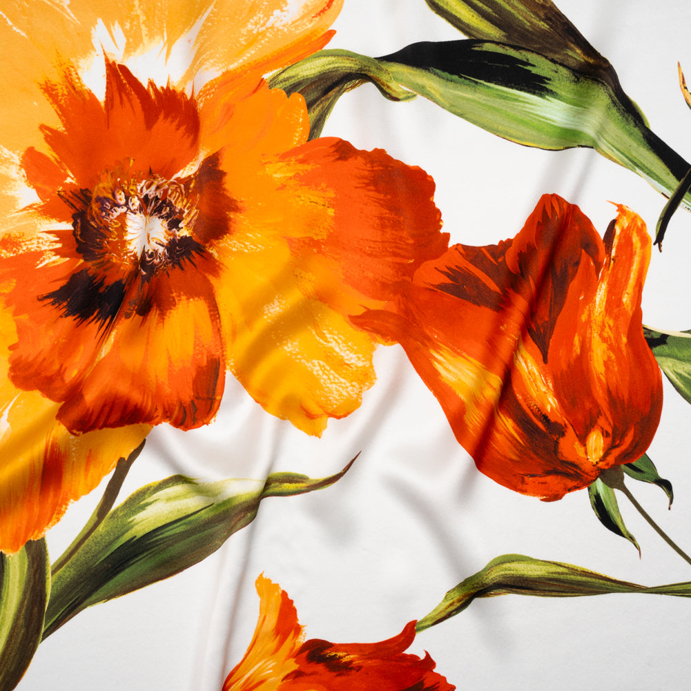 Silk Charmeuse Print 16MM, Made in Italy - Golden Orange, Green and White Painted Tulip Garden Silk Charmeuse Print 16MM, Made in Italy - Golden Orange, Green and White Painted Tulip Garden
