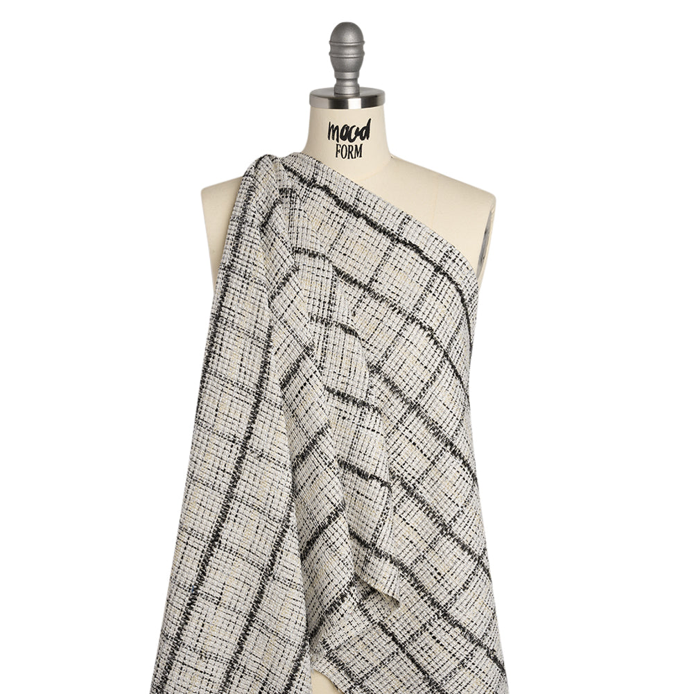 Metallic Polyester Tweed - White, Gold and Black Fringed Windowpane Check - Drape Metallic Polyester Tweed - White, Gold and Black Fringed Windowpane Check - Drape