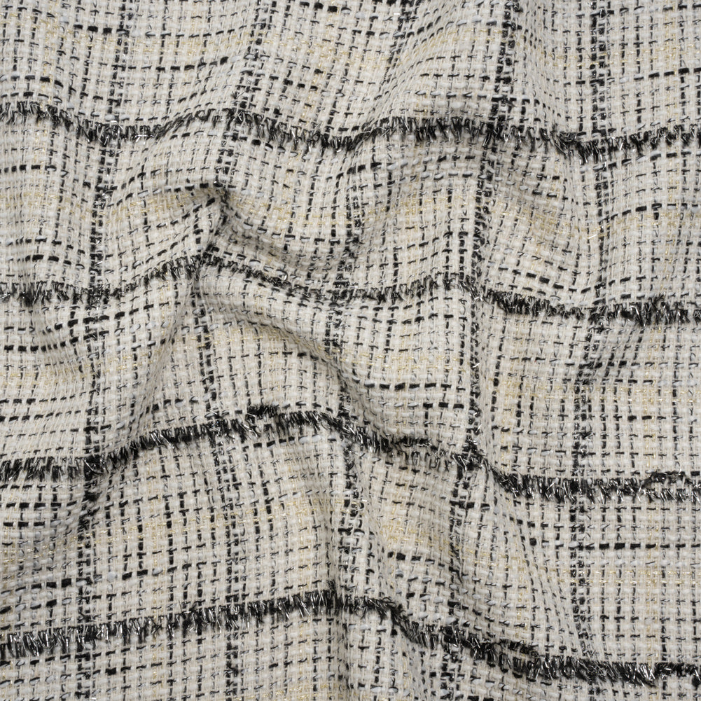Metallic Polyester Tweed - White, Gold and Black Fringed Windowpane Check Metallic Polyester Tweed - White, Gold and Black Fringed Windowpane Check
