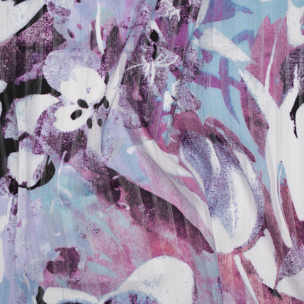 Polyester Satin-Striped Dobby with Metallic Pinstripes - Lavender, Sky Blue and Rose Abstract Florals - Designer Deadstock - Drape Polyester Satin-Striped Dobby with Metallic Pinstripes - Lavender, Sky Blue and Rose Abstract Florals - Designer Deadstock - Drape