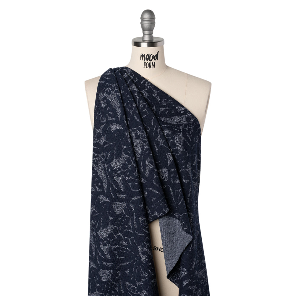 Puckered Polyester Jacquard Knit - Navy and Ivory Floral - Designer Deadstock - Drape Puckered Polyester Jacquard Knit - Navy and Ivory Floral - Designer Deadstock - Drape