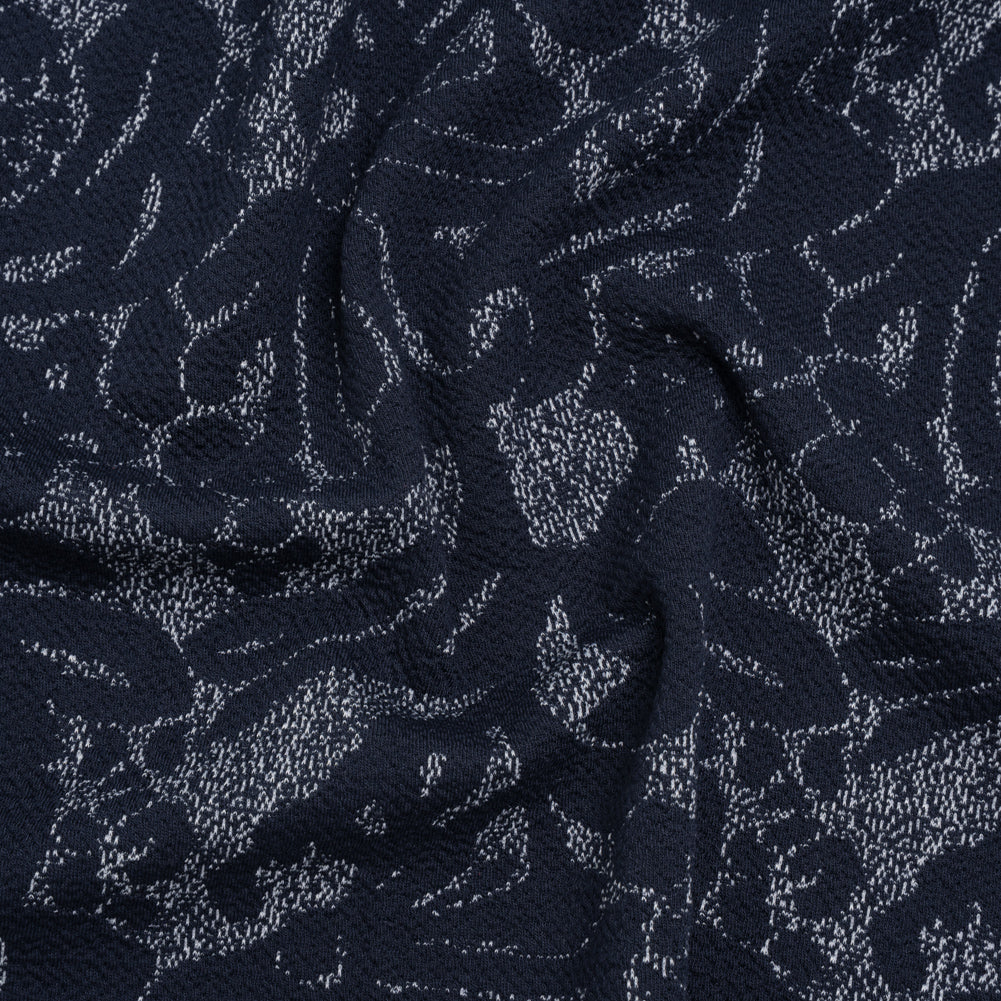 Puckered Polyester Jacquard Knit - Navy and Ivory Floral - Designer Deadstock Puckered Polyester Jacquard Knit - Navy and Ivory Floral - Designer Deadstock