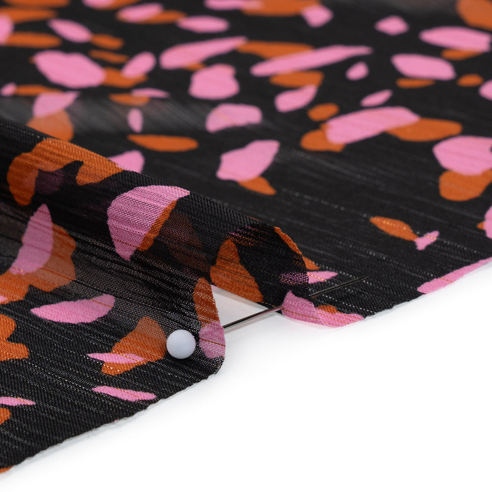 Polyester Chiffon with Metallic Gold Pinstripes - Black, Brown and Pink Abstract Spots - Designer Deadstock - Detail Polyester Chiffon with Metallic Gold Pinstripes - Black, Brown and Pink Abstract Spots - Designer Deadstock - Detail