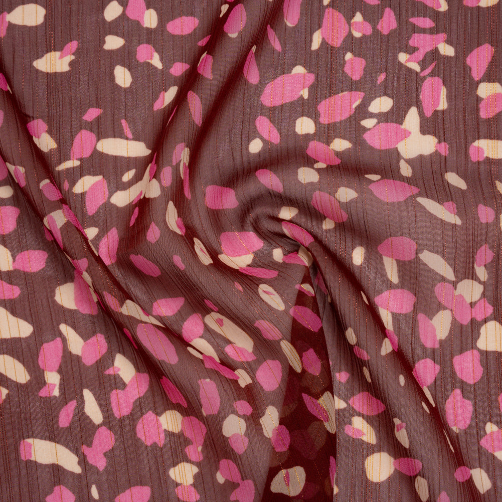 Crinkled Polyester Chiffon Print with Metallic Pinstripes - Burgundy, Pink and Cream Abstract Spots - Designer Deadstock Crinkled Polyester Chiffon Print with Metallic Pinstripes - Burgundy, Pink and Cream Abstract Spots - Designer Deadstock