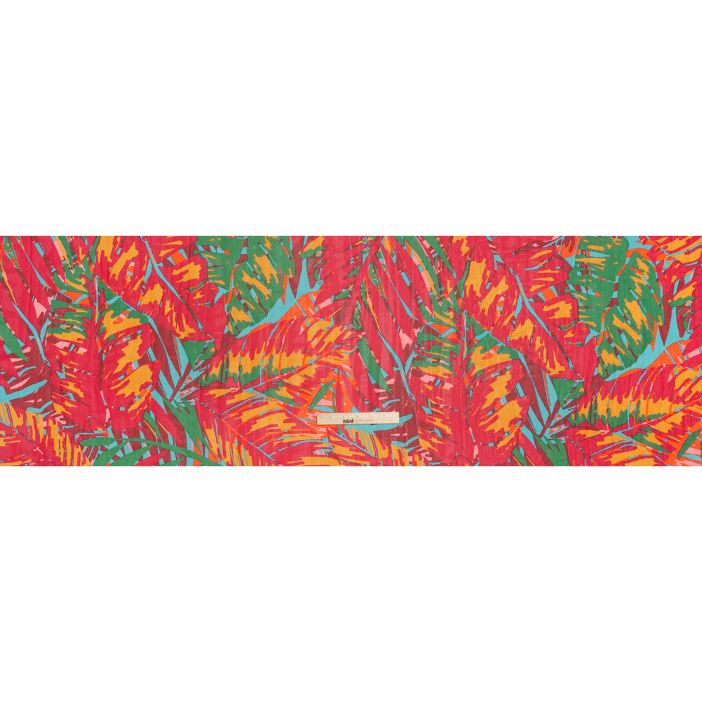 Polyester Chiffon Print - Red, Green and Yellow Tropical Leaves - Designer Deadstock - Full Polyester Chiffon Print - Red, Green and Yellow Tropical Leaves - Designer Deadstock - Full