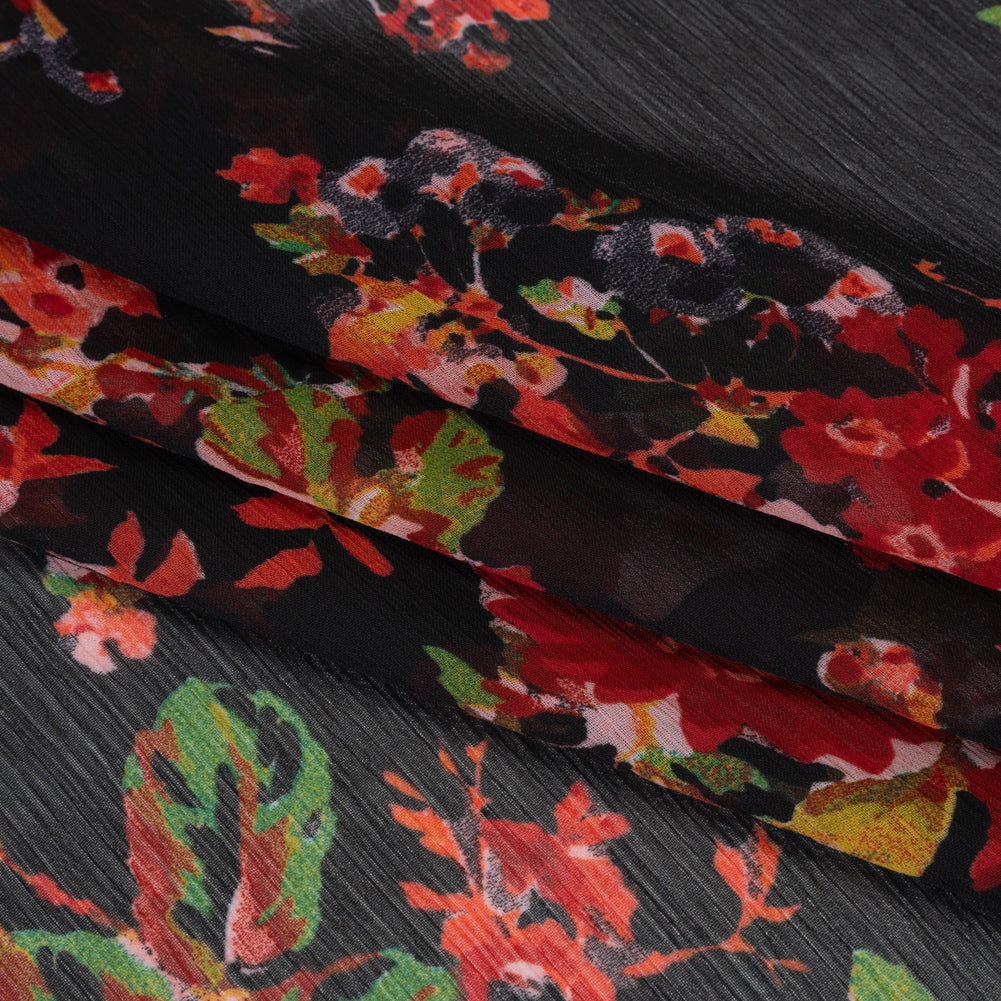 Crinkled Polyester Chiffon Print - Red, Green and Black Floral - Designer Deadstock - Folded Crinkled Polyester Chiffon Print - Red, Green and Black Floral - Designer Deadstock - Folded