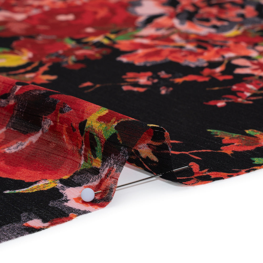 Crinkled Polyester Chiffon Print - Red, Green and Black Floral - Designer Deadstock - Detail Crinkled Polyester Chiffon Print - Red, Green and Black Floral - Designer Deadstock - Detail