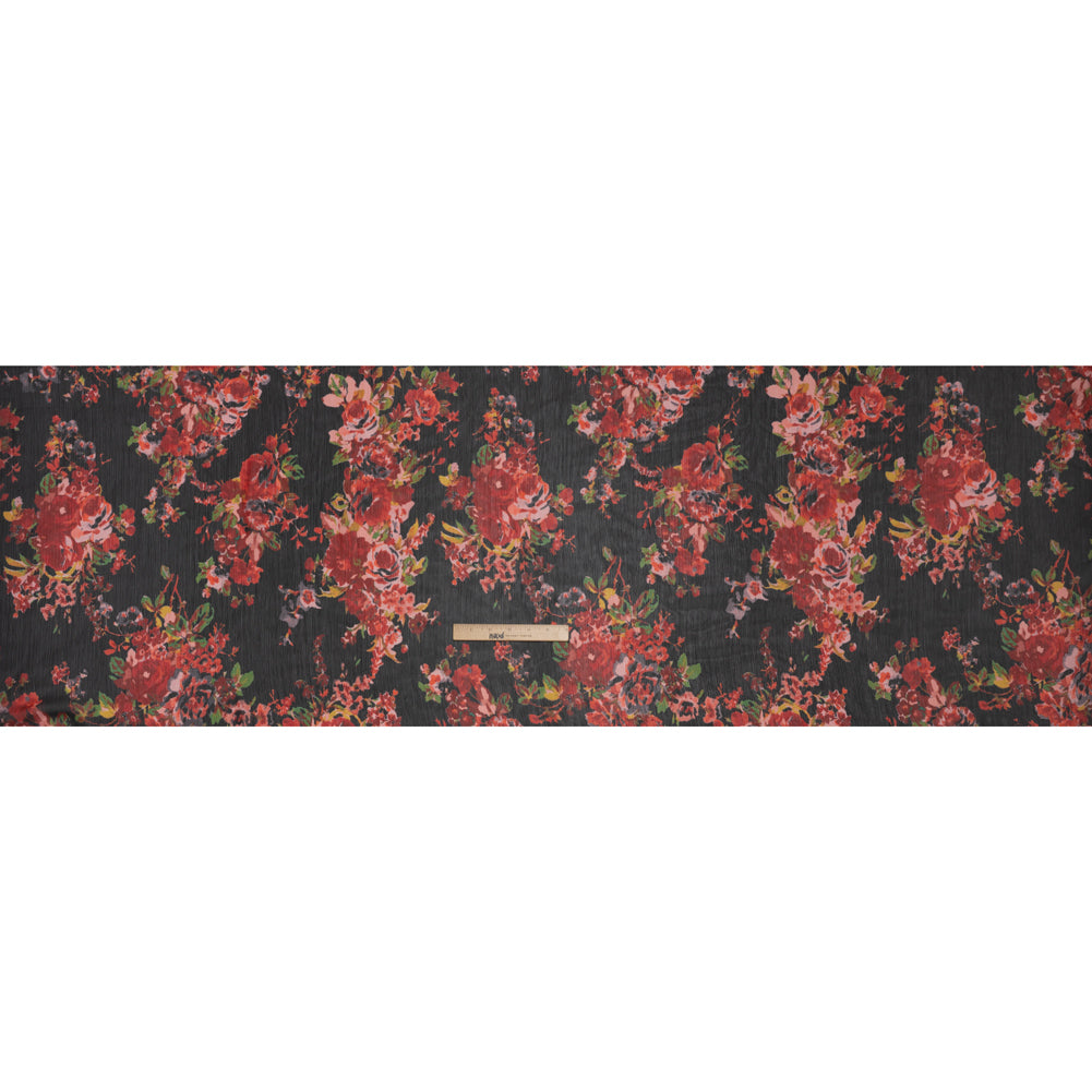 Crinkled Polyester Chiffon Print - Red, Green and Black Floral - Designer Deadstock - Full Crinkled Polyester Chiffon Print - Red, Green and Black Floral - Designer Deadstock - Full