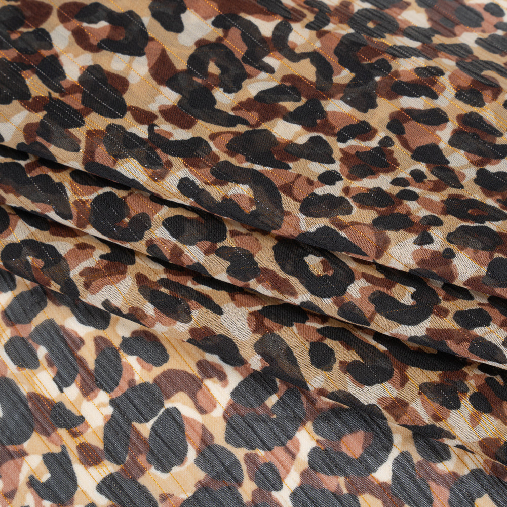 Crinkled Polyester Chiffon Print with Metallic Gold Pinstripes - Black, Brown and Beige Abstract Animal Spots - Designer Deadstock Folded Crinkled Polyester Chiffon Print with Metallic Gold Pinstripes - Black, Brown and Beige Abstract Animal Spots - Designer Deadstock Folded