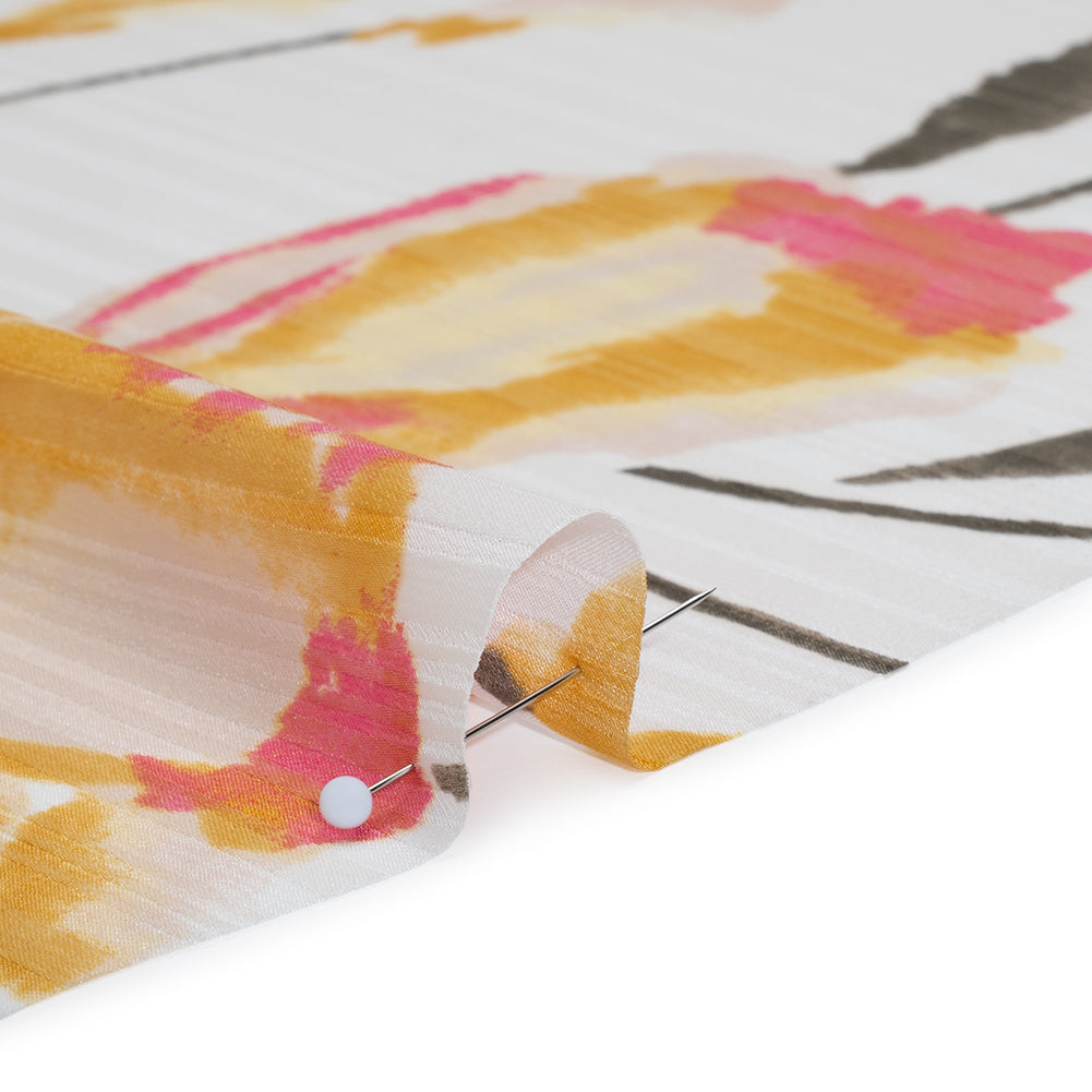 Satin Stripes Polyester Dobby Print - Pink, Golden Yellow and Olive Painterly Tulip Flowers - Designer Deadstock Full Satin Stripes Polyester Dobby Print - Pink, Golden Yellow and Olive Painterly Tulip Flowers - Designer Deadstock Full