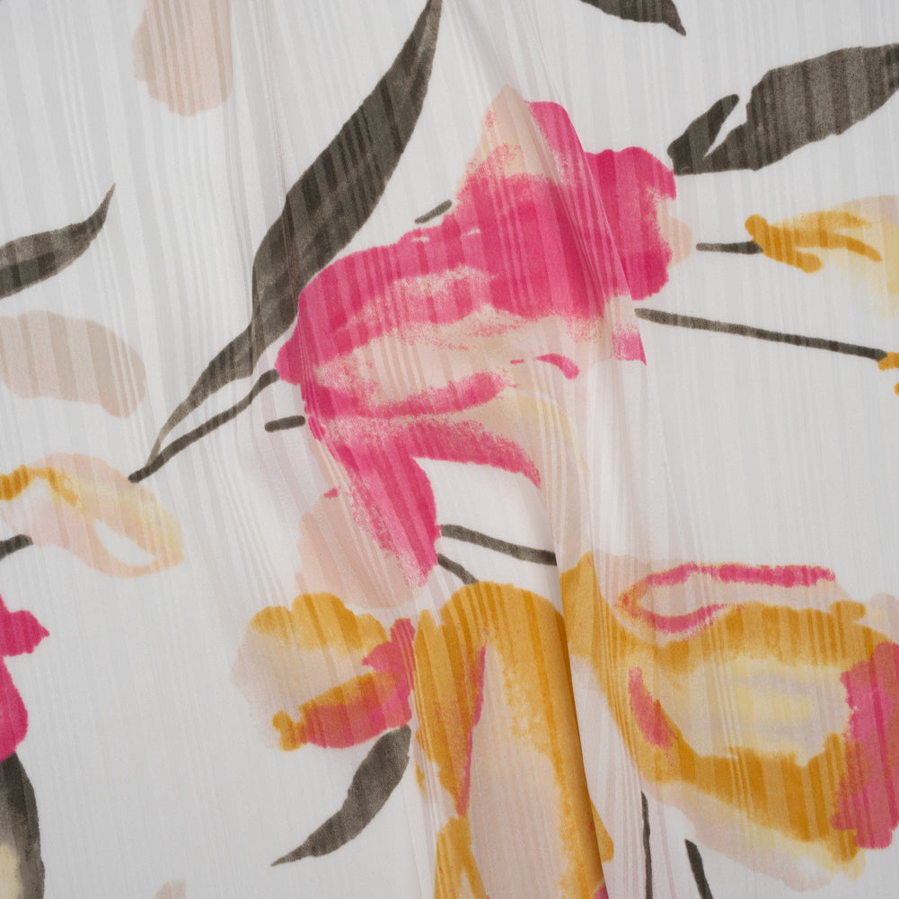 Satin Stripes Polyester Dobby Print - Pink, Golden Yellow and Olive Painterly Tulip Flowers - Designer Deadstock Drape Satin Stripes Polyester Dobby Print - Pink, Golden Yellow and Olive Painterly Tulip Flowers - Designer Deadstock Drape