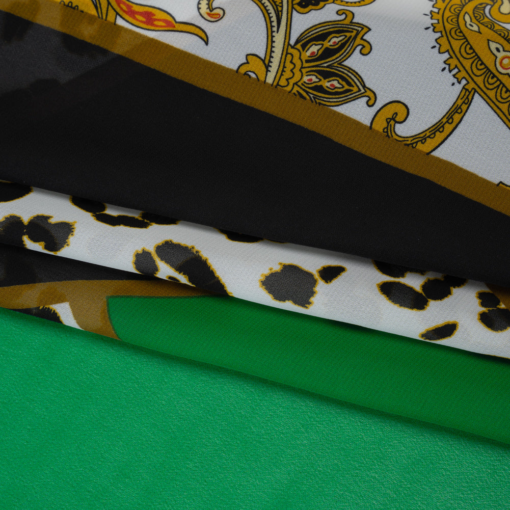 Polyester Chiffon Print - Green, Black and Gold Classical Patchwork - Designer Deadstock - Folded Polyester Chiffon Print - Green, Black and Gold Classical Patchwork - Designer Deadstock - Folded