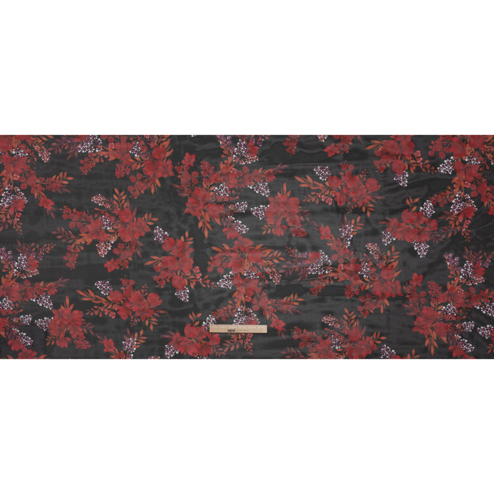 Polyester Chiffon Print - Red, Plum and Black Floral Bunches - Designer Deadstock - Full Polyester Chiffon Print - Red, Plum and Black Floral Bunches - Designer Deadstock - Full