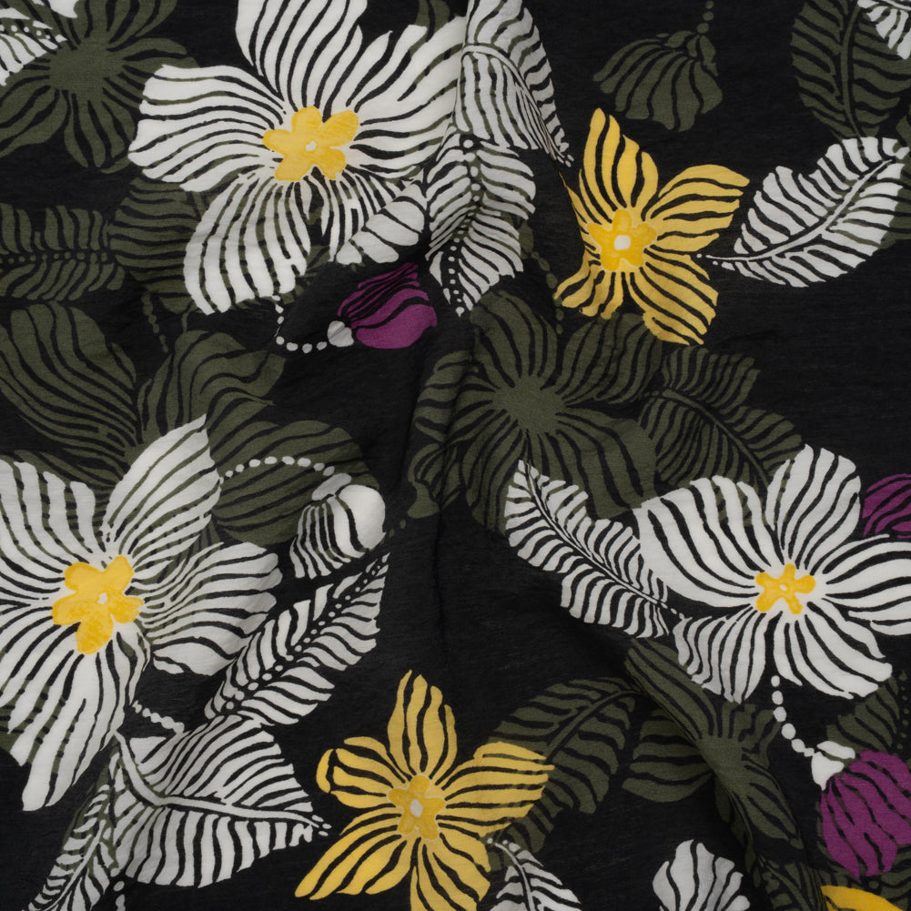 Crinkled Viscose and Nylon Woven - Olive, Yellow and Purple Floral - Designer Deadstock - Drape Crinkled Viscose and Nylon Woven - Olive, Yellow and Purple Floral - Designer Deadstock - Drape
