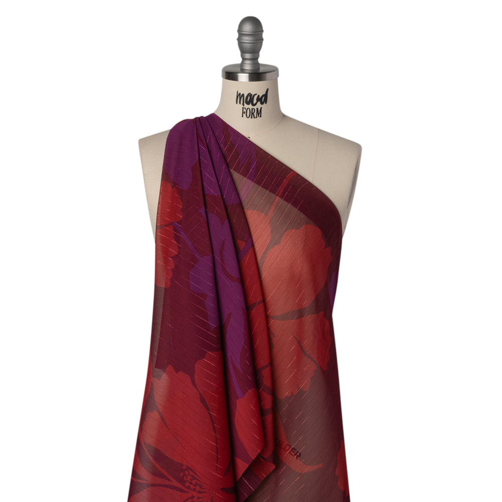 Crinkled Polyester Chiffon Print with Metallic Pinstripes - Burgundy, Brick Red and Plum Floral - Designer Deadstock - Drape Crinkled Polyester Chiffon Print with Metallic Pinstripes - Burgundy, Brick Red and Plum Floral - Designer Deadstock - Drape