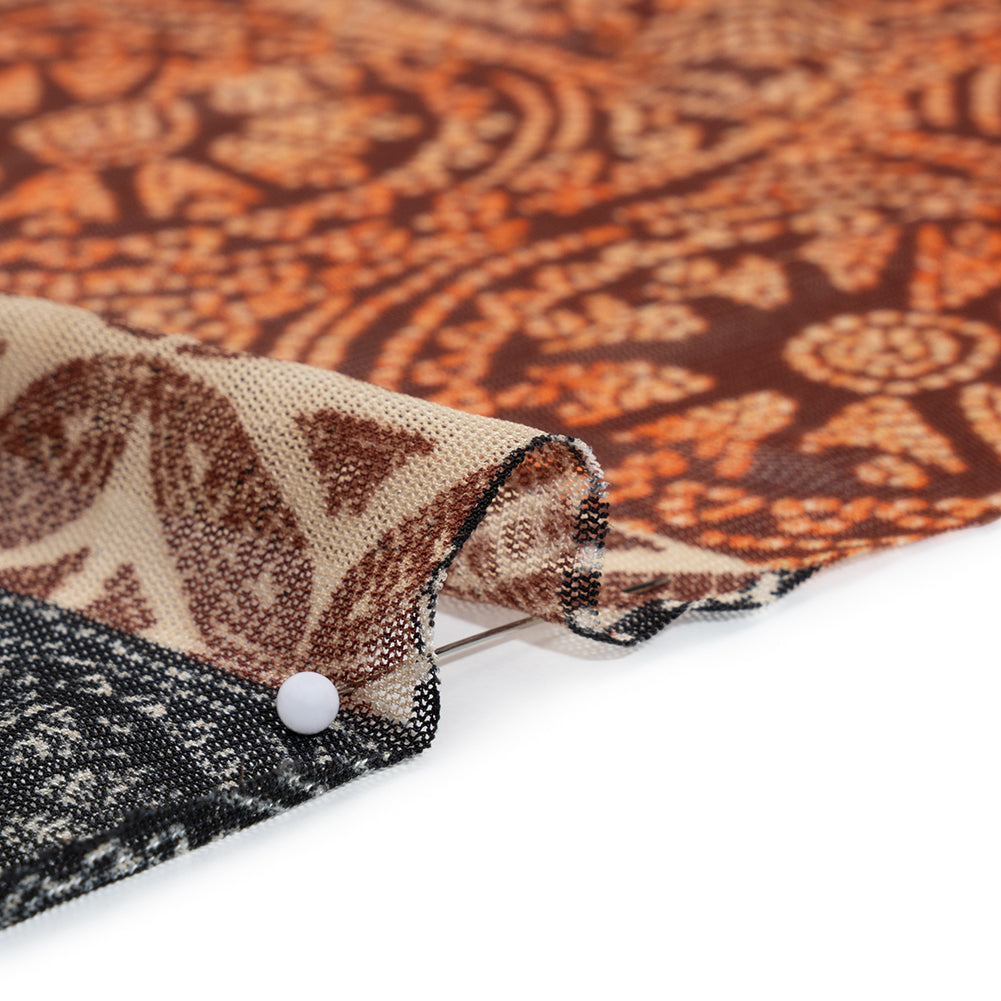 Polyester Stretch Mesh Print - Black, Orange and Burgundy Dotted Geometric - Designer Deadstock Full Polyester Stretch Mesh Print - Black, Orange and Burgundy Dotted Geometric - Designer Deadstock Full