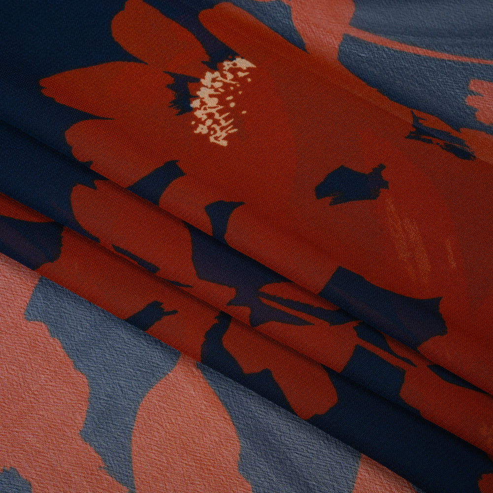 Polyester Chiffon Print - Navy Blue and Rust Floral - Designer Deadstock Detail Polyester Chiffon Print - Navy Blue and Rust Floral - Designer Deadstock Detail
