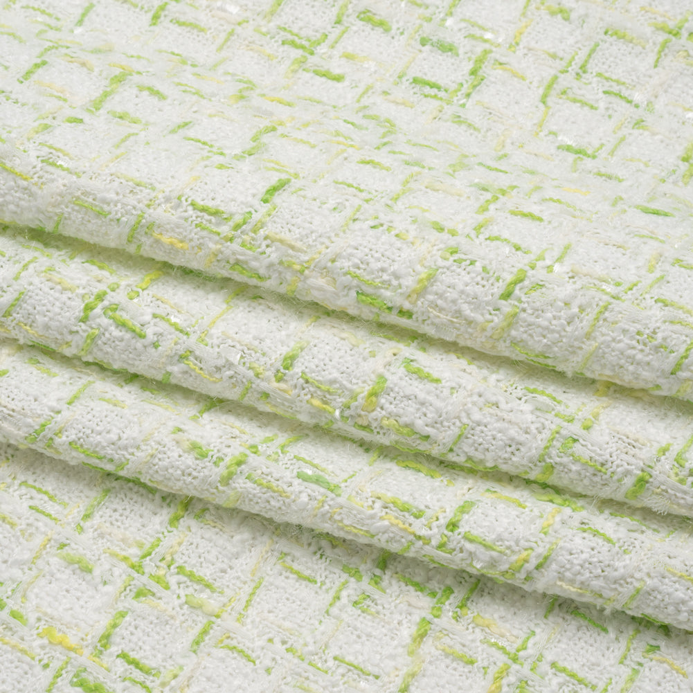 Tweedy Polyester Boucle - White and Lime Green Plaid - Deadstock - Folded Tweedy Polyester Boucle - White and Lime Green Plaid - Deadstock - Folded