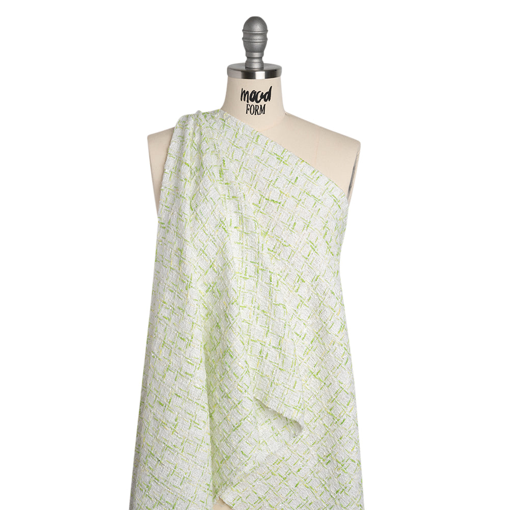 Tweedy Polyester Boucle - White and Lime Green Plaid - Deadstock - Drape Tweedy Polyester Boucle - White and Lime Green Plaid - Deadstock - Drape