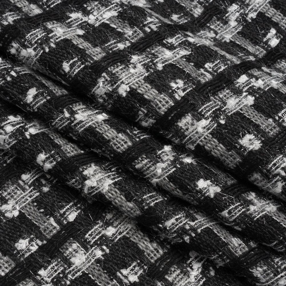 Wool Blend Tweed with Metallic Eyelash Fringe - Black and White Plaid - Deadstock - Folded Wool Blend Tweed with Metallic Eyelash Fringe - Black and White Plaid - Deadstock - Folded