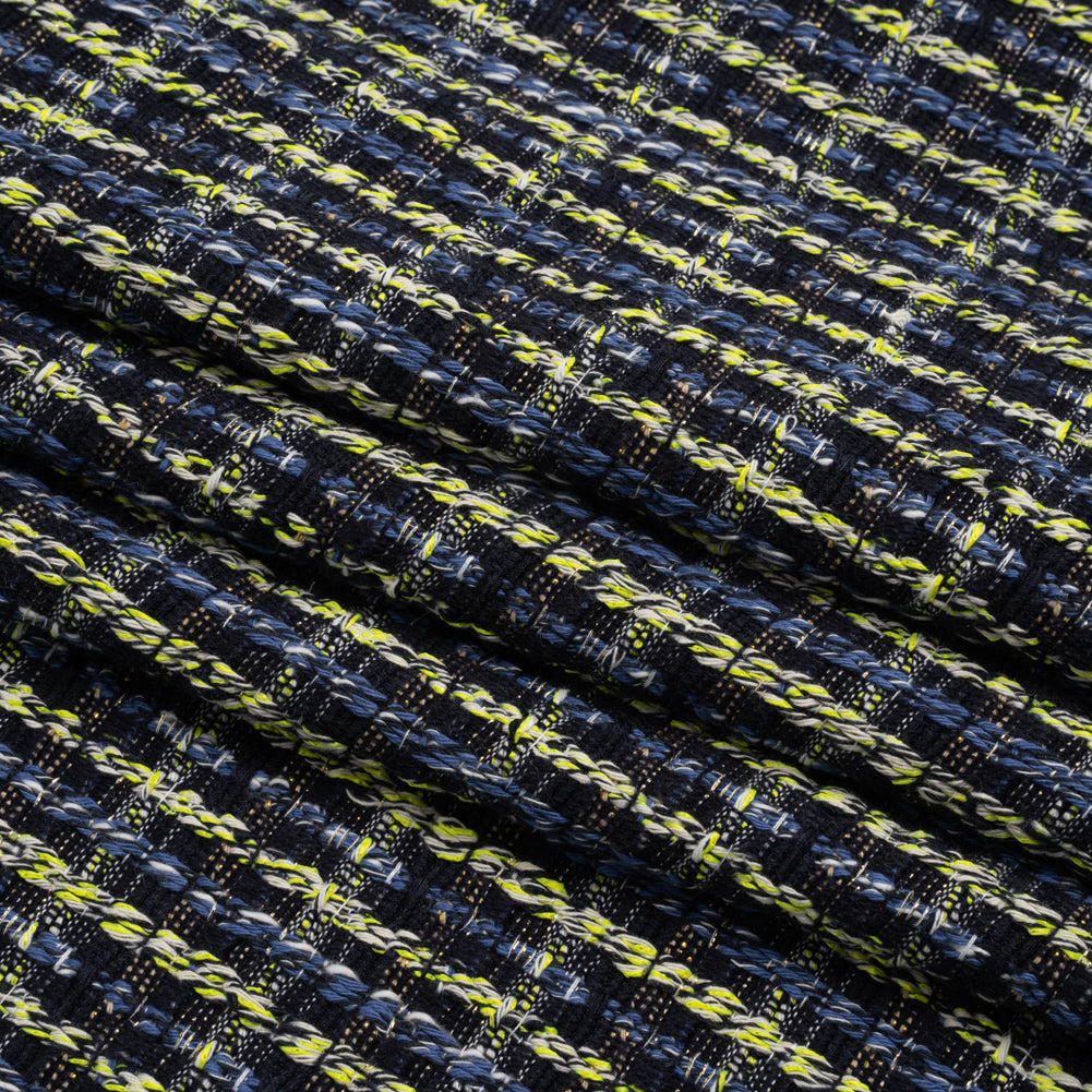 Cotton and Polyester Woven Tweed - Blue and Lime Green Ribbed Plaid - Deadstock - Folded Cotton and Polyester Woven Tweed - Blue and Lime Green Ribbed Plaid - Deadstock - Folded