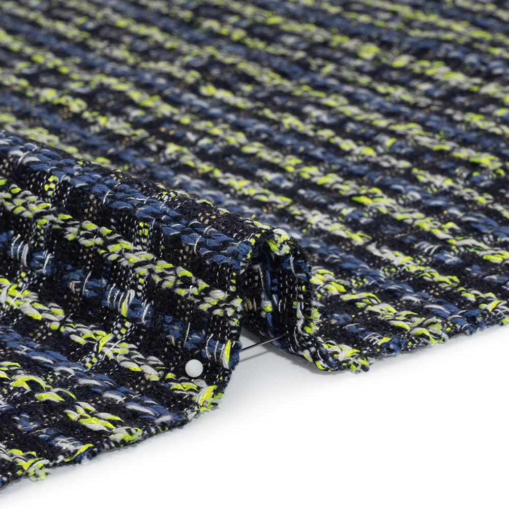 Cotton and Polyester Woven Tweed - Blue and Lime Green Ribbed Plaid - Deadstock - Detail Cotton and Polyester Woven Tweed - Blue and Lime Green Ribbed Plaid - Deadstock - Detail