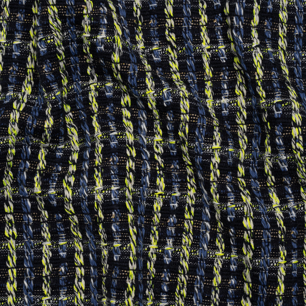 Cotton and Polyester Woven Tweed - Blue and Lime Green Ribbed Plaid - Deadstock Cotton and Polyester Woven Tweed - Blue and Lime Green Ribbed Plaid - Deadstock