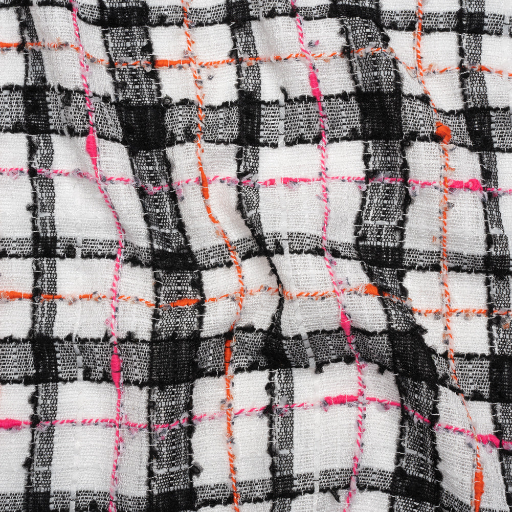 Slubbed Gauzy Polyester Woven - Black, White and Pink Plaid - Deadstock Slubbed Gauzy Polyester Woven - Black, White and Pink Plaid - Deadstock