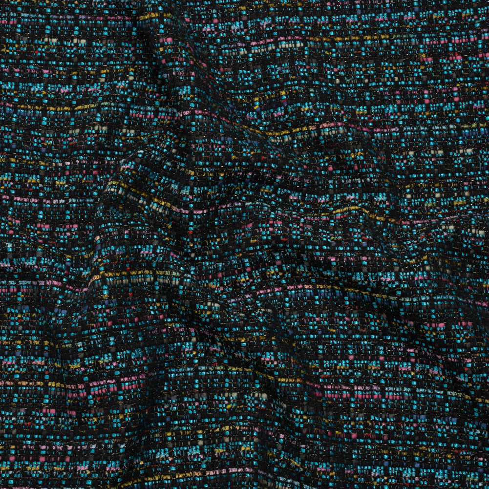 Polyester Tweed with Metallic Gold Strands - Turquoise, Black and Pink Striations - Deadstock Polyester Tweed with Metallic Gold Strands - Turquoise, Black and Pink Striations - Deadstock