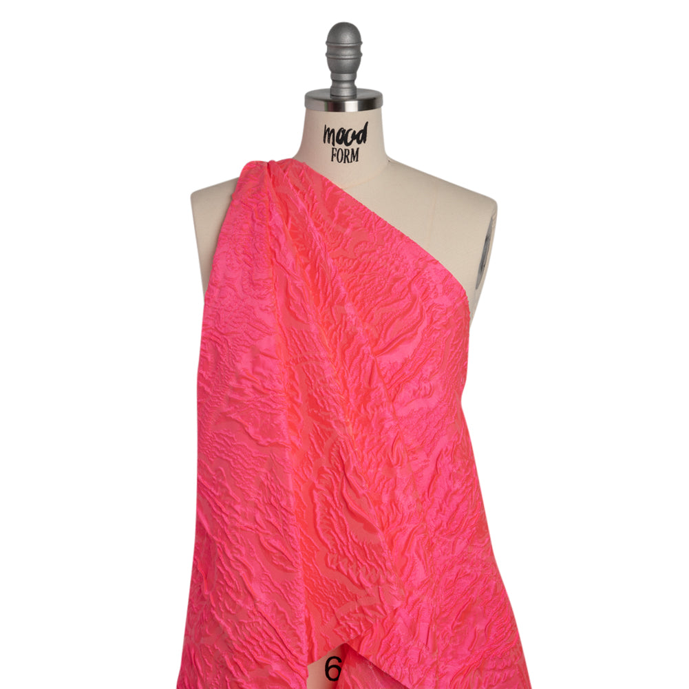 Polyester Brocade - Monochrome Neon Pink Roses and Leaves - Drape Polyester Brocade - Monochrome Neon Pink Roses and Leaves - Drape