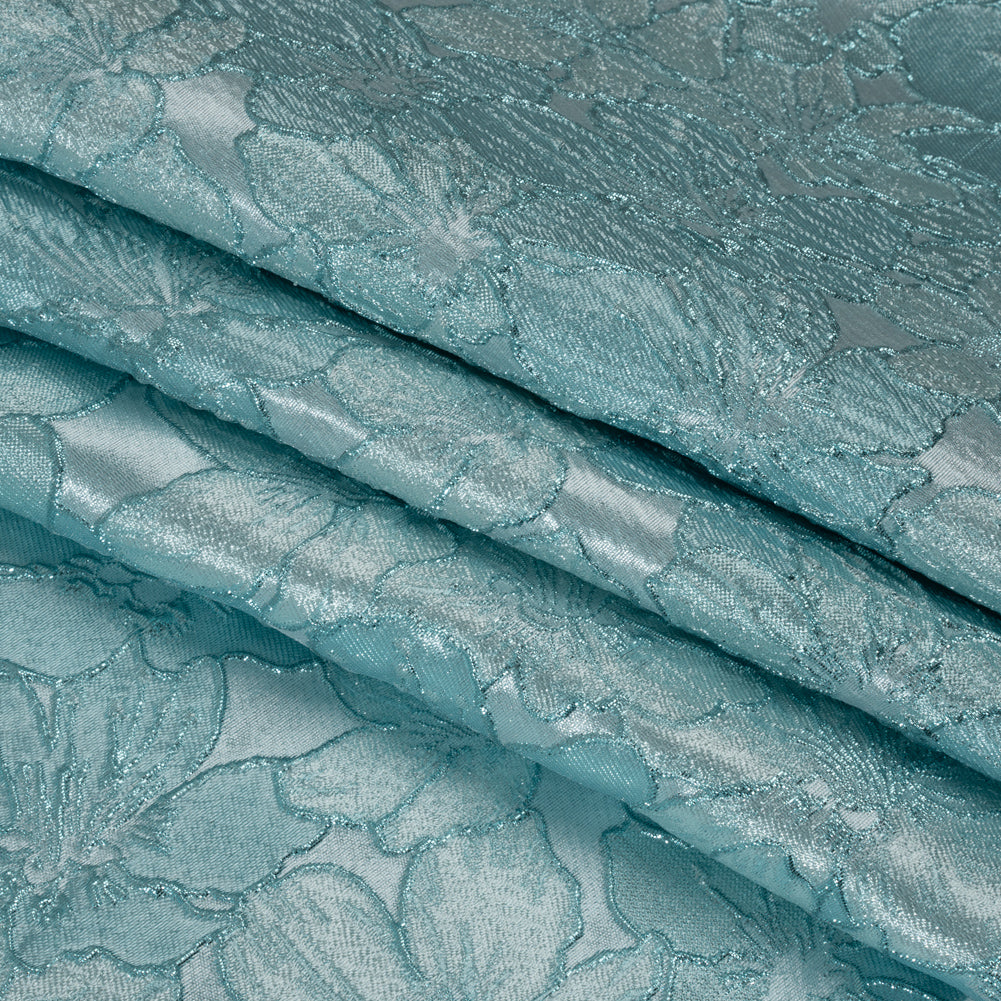 Metallic Brocade - Monochrome Aqua Blue Floating Blossoms - Folded Metallic Brocade - Monochrome Aqua Blue Floating Blossoms - Folded