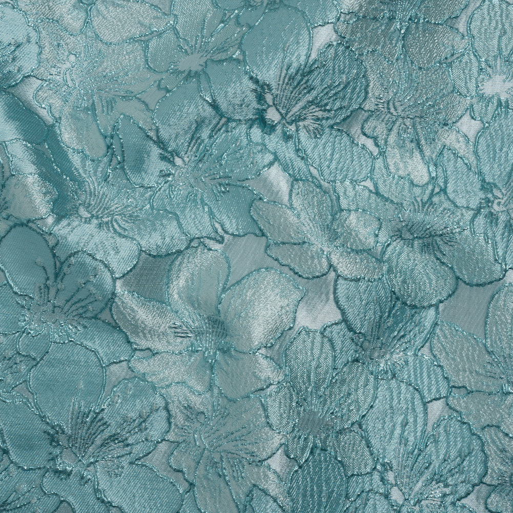 Metallic Brocade - Monochrome Aqua Blue Floating Blossoms Metallic Brocade - Monochrome Aqua Blue Floating Blossoms