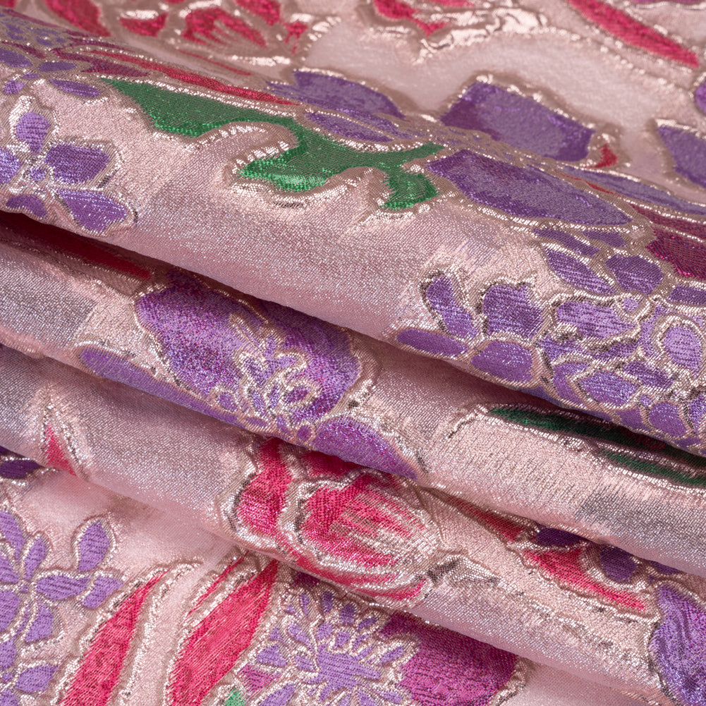 Metallic Burnout Brocade - Purple, Pink and Rose Gold Festive Florals - Folded Metallic Burnout Brocade - Purple, Pink and Rose Gold Festive Florals - Folded