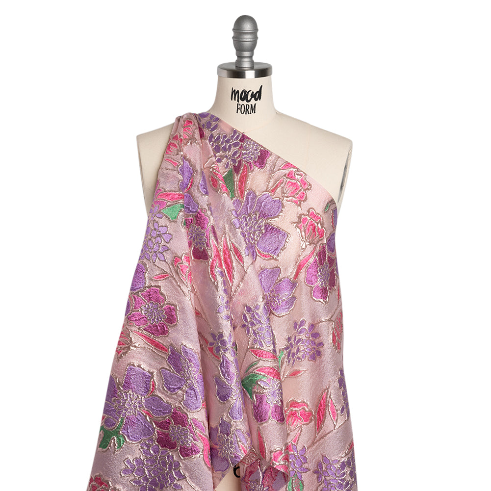 Metallic Burnout Brocade - Purple, Pink and Rose Gold Festive Florals - Drape Metallic Burnout Brocade - Purple, Pink and Rose Gold Festive Florals - Drape