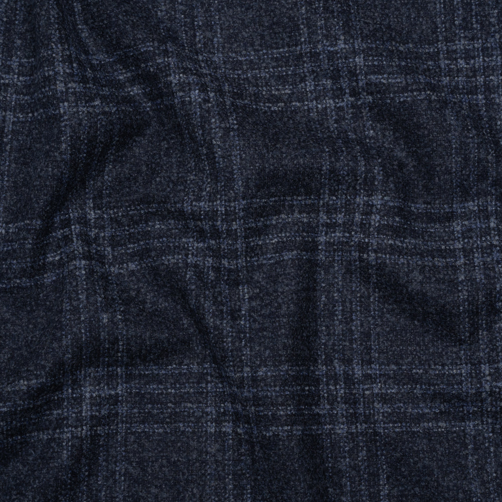 Wool, Silk and Cashmere Boucle Suiting Made in Italy - Blue and Navy Plaid - Deadstock Wool, Silk and Cashmere Boucle Suiting Made in Italy - Blue and Navy Plaid - Deadstock