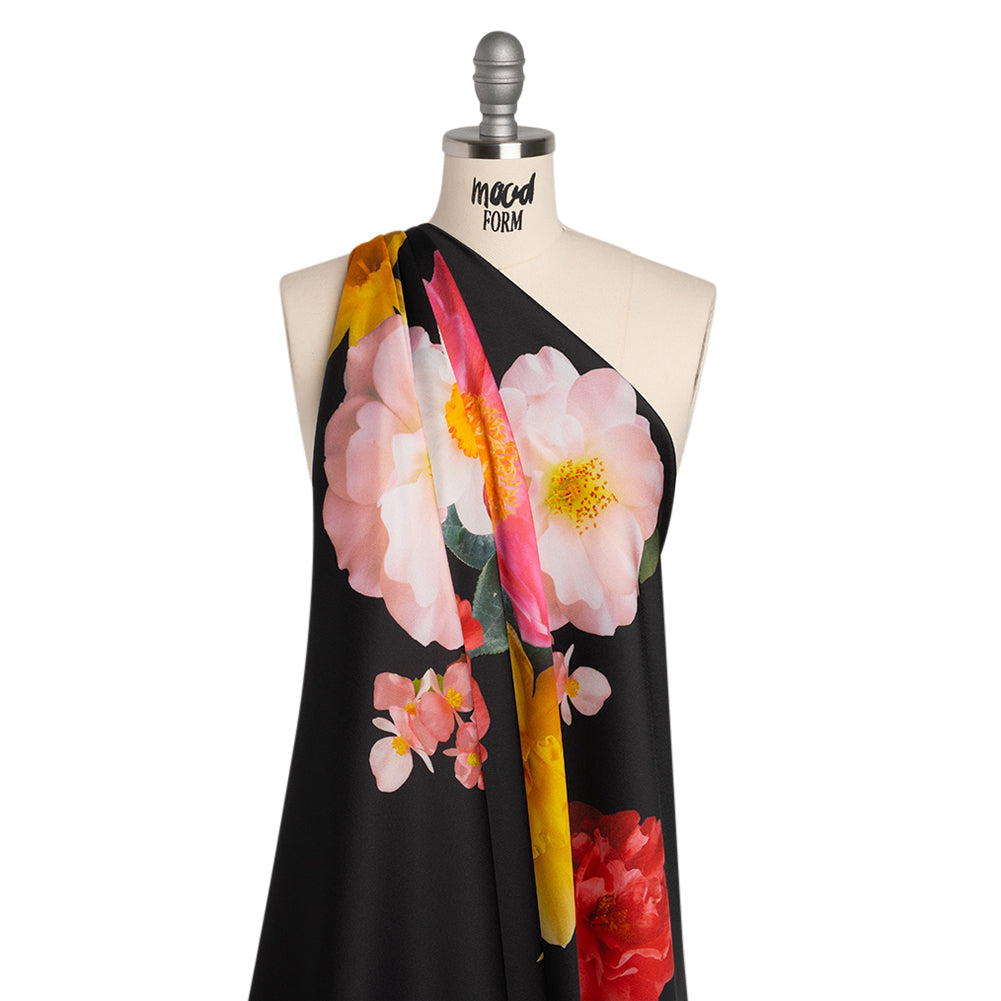 Polyester Crepe-Back Satin - Black, Yellow and Red Realistic Flowers - Mood Exclusive Photosynthesis Snapshot Print - Drape Polyester Crepe-Back Satin - Black, Yellow and Red Realistic Flowers - Mood Exclusive Photosynthesis Snapshot Print - Drape