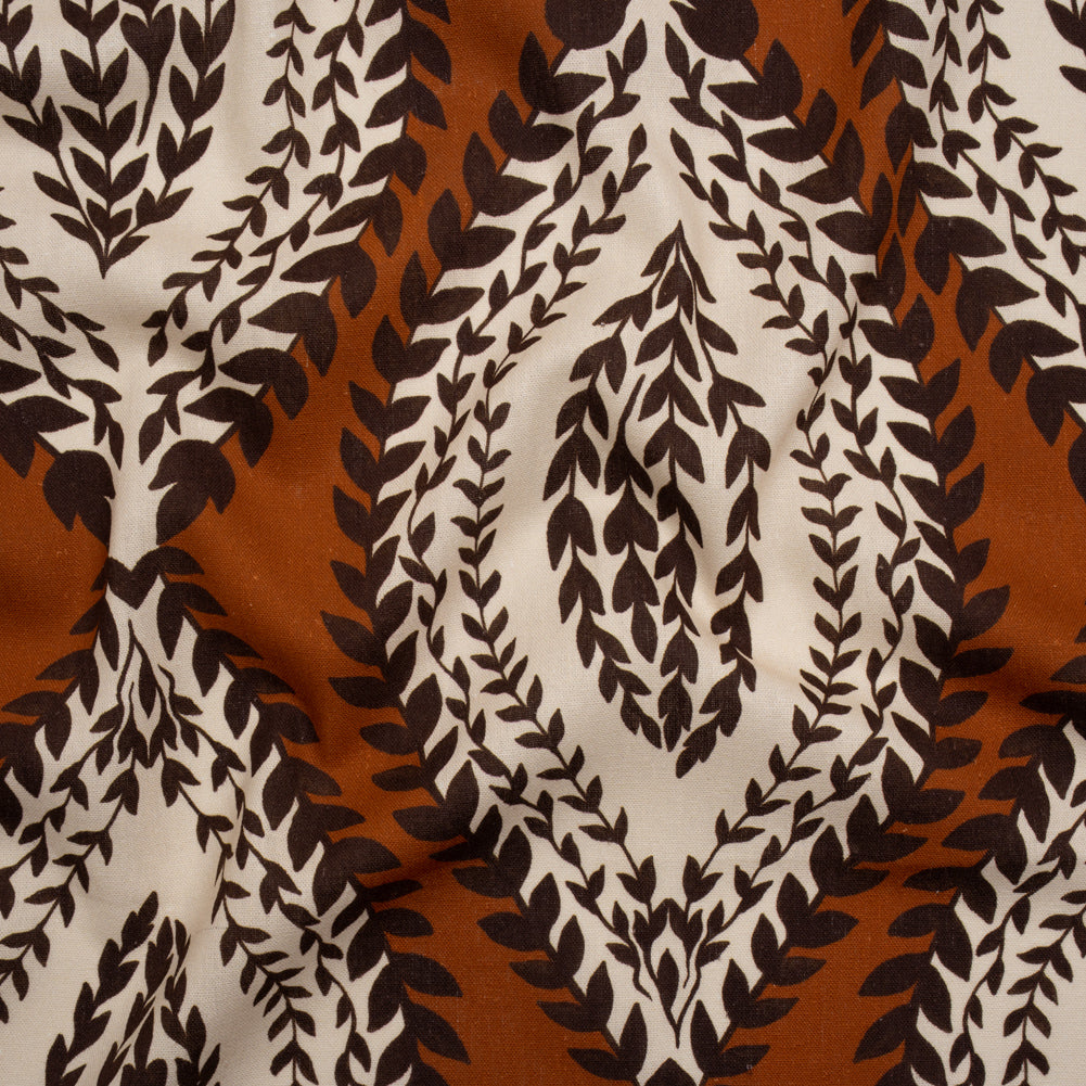 Linen and Rayon Woven - Burnt Orange, Brown and Cream Leafy Ogees - Mood Exclusive Lazy River Print Linen and Rayon Woven - Burnt Orange, Brown and Cream Leafy Ogees - Mood Exclusive Lazy River Print