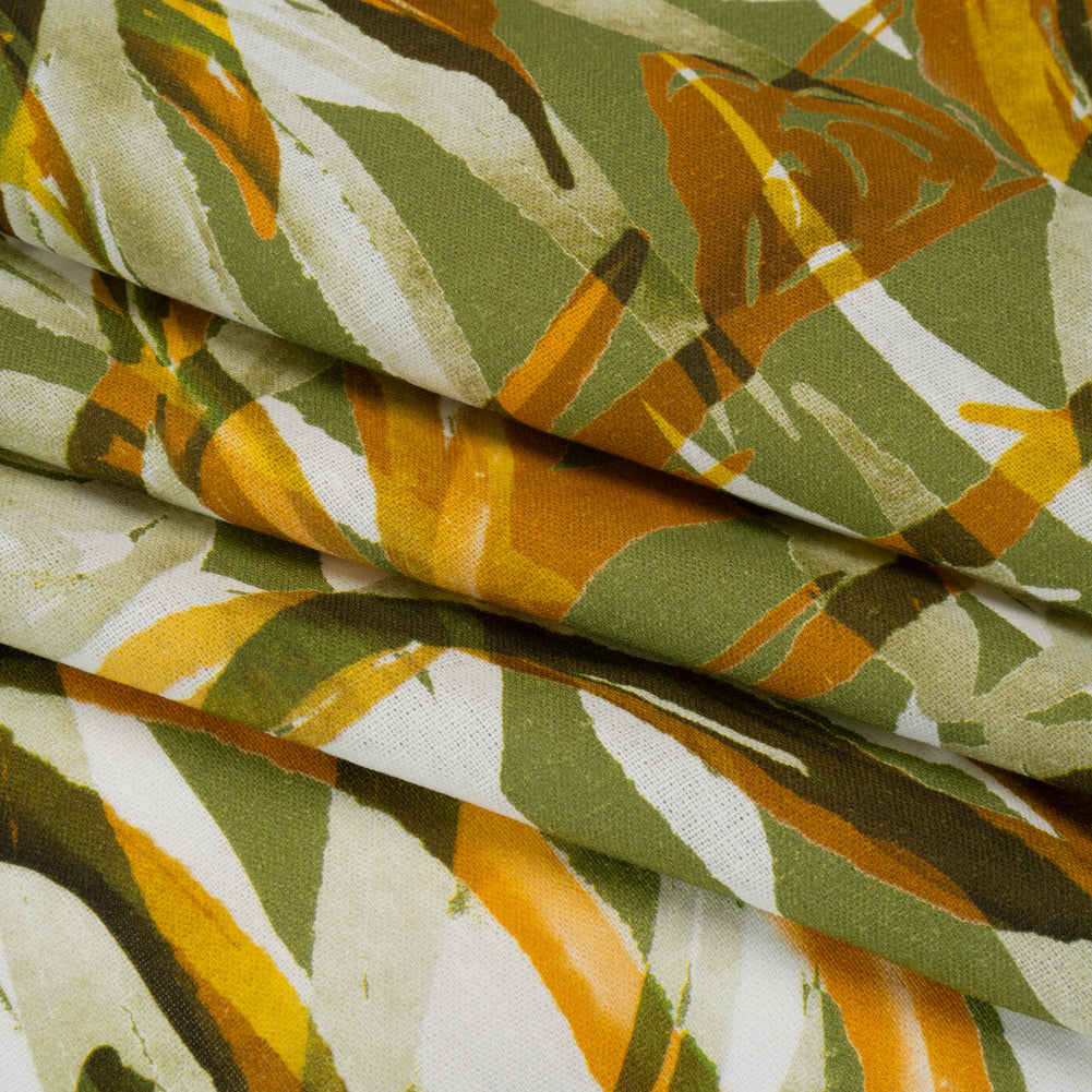 Linen and Rayon Woven - Grass Green and Yellow Overlapping Leaves - Mood Exclusive Vine Vista Print - Folded Linen and Rayon Woven - Grass Green and Yellow Overlapping Leaves - Mood Exclusive Vine Vista Print - Folded