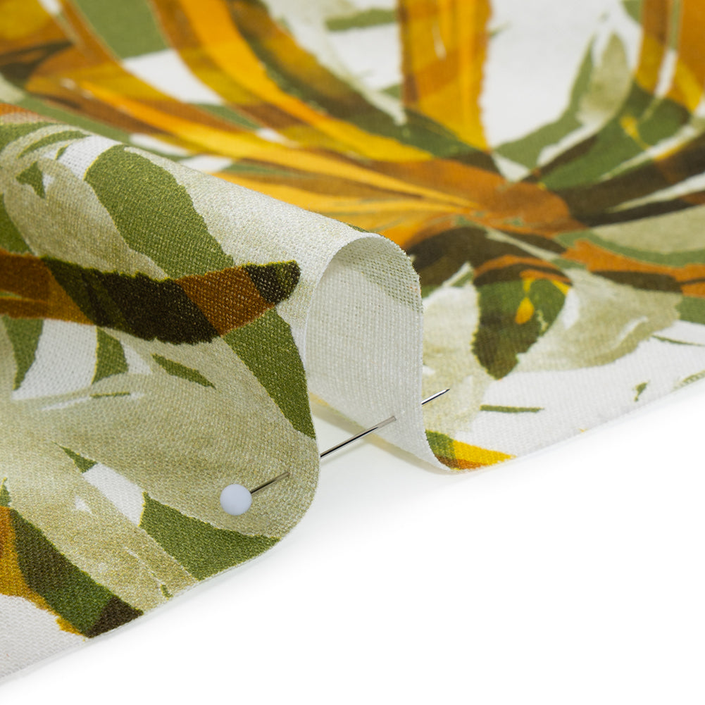 Linen and Rayon Woven - Grass Green and Yellow Overlapping Leaves - Mood Exclusive Vine Vista Print - Detail Linen and Rayon Woven - Grass Green and Yellow Overlapping Leaves - Mood Exclusive Vine Vista Print - Detail