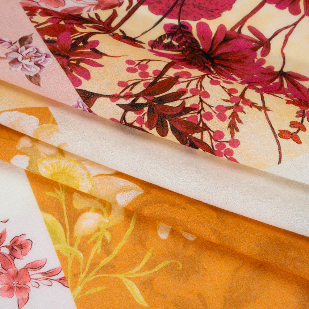 Cotton Crepe - Orange, Pink and Cream Floral Patchwork - Mood Exclusive Bloom Block Party Print - Folded Cotton Crepe - Orange, Pink and Cream Floral Patchwork - Mood Exclusive Bloom Block Party Print - Folded
