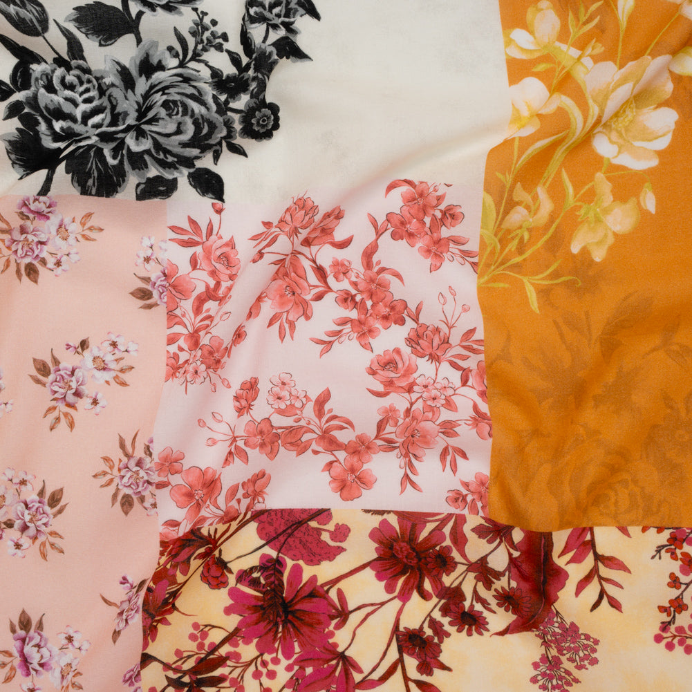 Cotton Crepe - Orange, Pink and Cream Floral Patchwork - Mood Exclusive Bloom Block Party Print Cotton Crepe - Orange, Pink and Cream Floral Patchwork - Mood Exclusive Bloom Block Party Print