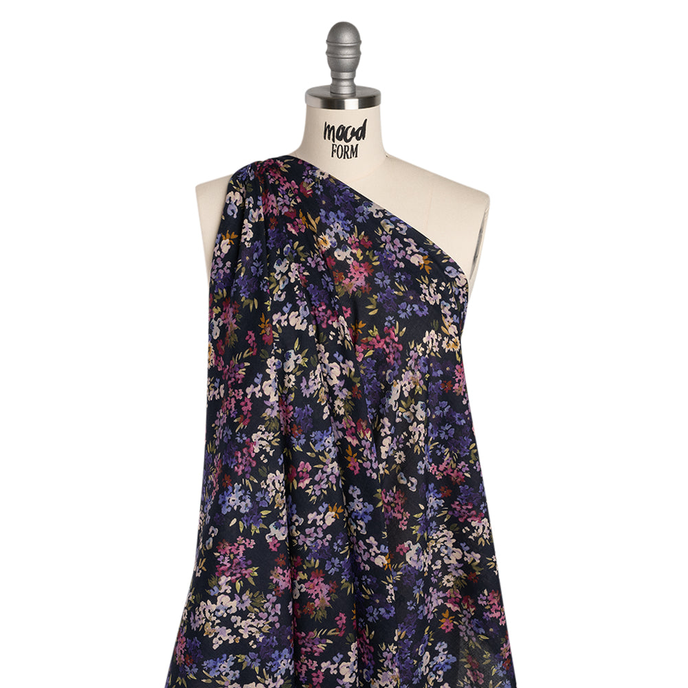 Cotton Crepe - Navy, Magenta and Indigo Little Watercolor Flowers - Mood Exclusive Sonnet for Summer Print Folded Cotton Crepe - Navy, Magenta and Indigo Little Watercolor Flowers - Mood Exclusive Sonnet for Summer Print Folded