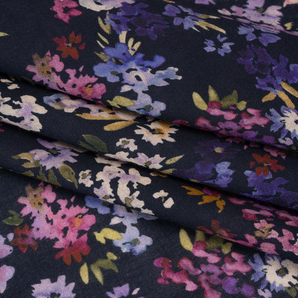 Cotton Crepe - Navy, Magenta and Indigo Little Watercolor Flowers - Mood Exclusive Sonnet for Summer Print Detail Cotton Crepe - Navy, Magenta and Indigo Little Watercolor Flowers - Mood Exclusive Sonnet for Summer Print Detail